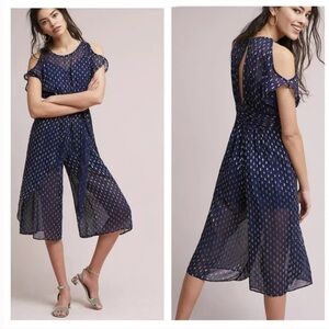 Plenty by Tracy Reese jumpsuit Dobby dot metallic tie waist navy gold petite